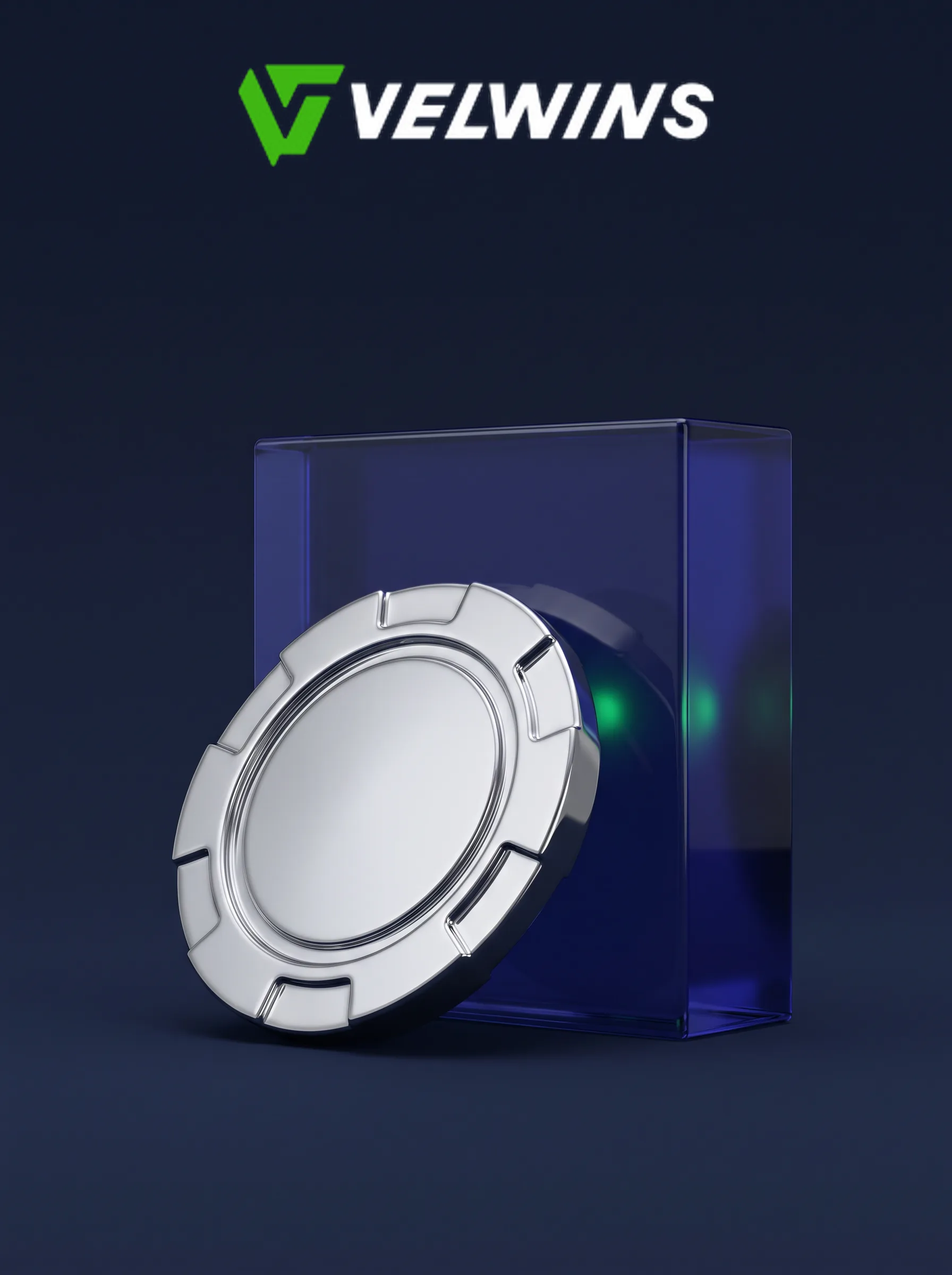 Silberner Spielchip vor einer Glasbox mit Velwins Logo